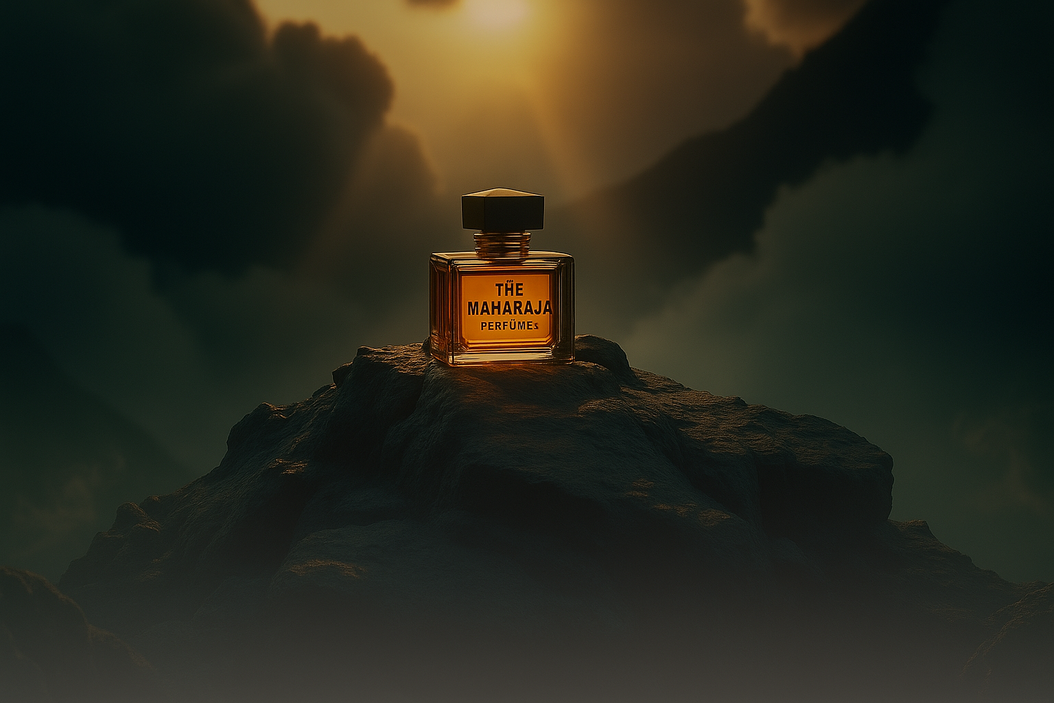 Perfume bottle labeled 'The Maharaja' on a rocky outcrop with a sunset background